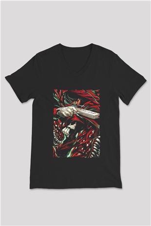 Attack On Titan Baskılı Unisex Siyah V Yaka Tişört - Tshirt