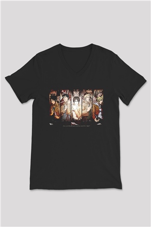 Attack On Titan Baskılı Unisex Siyah V Yaka Tişört - Tshirt