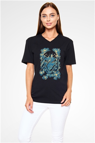 Attack On Titan Baskılı Unisex Siyah V Yaka Tişört - Tshirt