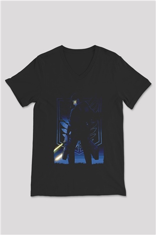 Attack On Titan Baskılı Unisex Siyah V Yaka Tişört - Tshirt