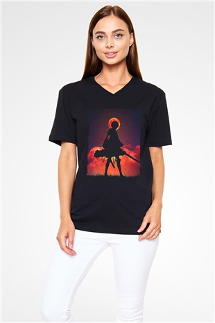 Attack On Titan Baskılı Unisex Siyah V Yaka Tişört - Tshirt
