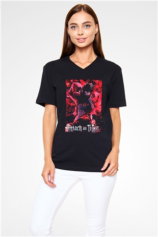 Attack On Titan Baskılı Unisex Siyah V Yaka Tişört - Tshirt