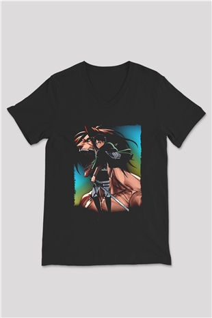Attack On Titan Baskılı Unisex Siyah V Yaka Tişört - Tshirt