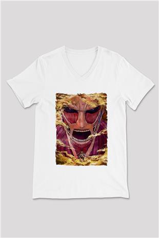 Attack On Titan Baskılı Unisex Siyah V Yaka Tişört - Tshirt