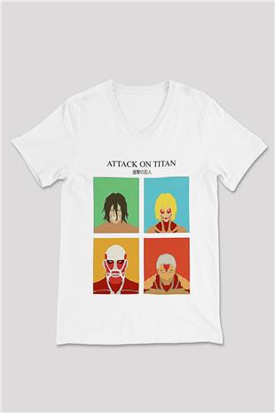 Attack On Titan Baskılı Unisex Siyah V Yaka Tişört - Tshirt