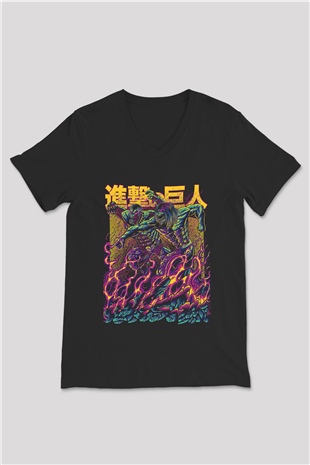 Attack On Titan Baskılı Unisex Siyah V Yaka Tişört - Tshirt