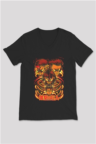 Attack On Titan Baskılı Unisex Siyah V Yaka Tişört - Tshirt