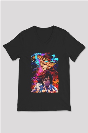 Attack On Titan Baskılı Unisex Siyah V Yaka Tişört - Tshirt