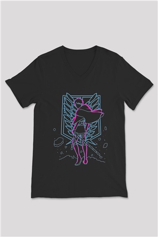 Attack On Titan Baskılı Unisex Siyah V Yaka Tişört - Tshirt