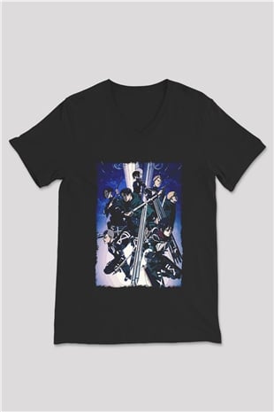 Attack On Titan Baskılı Unisex Siyah V Yaka Tişört - Tshirt