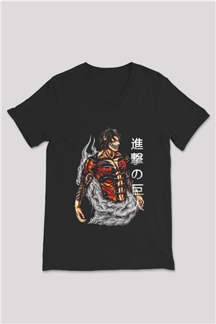 Attack On Titan Baskılı Unisex Siyah V Yaka Tişört - Tshirt