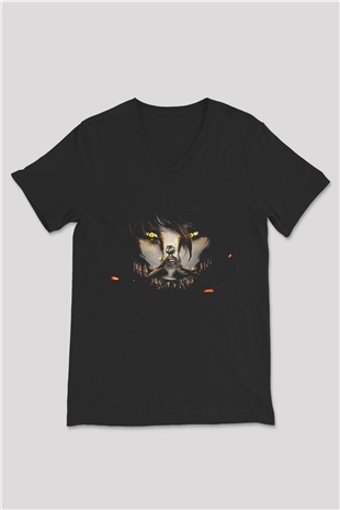 Attack On Titan Baskılı Unisex Siyah V Yaka Tişört - Tshirt