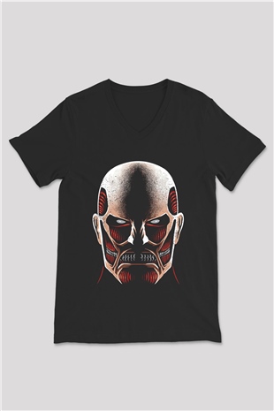 Attack On Titan Baskılı Unisex Siyah V Yaka Tişört - Tshirt