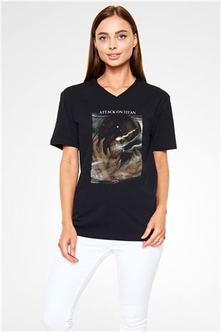 Attack On Titan Baskılı Unisex Siyah V Yaka Tişört - Tshirt
