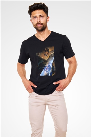 Attack On Titan Baskılı Unisex Siyah V Yaka Tişört - Tshirt