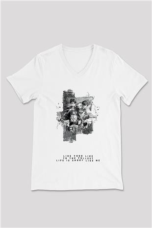 Attack On Titan Baskılı Unisex Siyah V Yaka Tişört - Tshirt