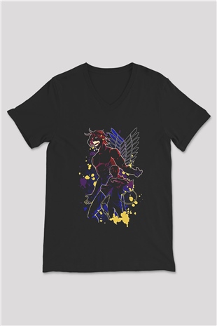 Attack On Titan Baskılı Unisex Siyah V Yaka Tişört - Tshirt