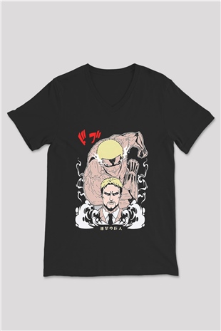 Attack On Titan Baskılı Unisex Siyah V Yaka Tişört - Tshirt