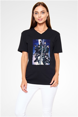 Attack On Titan Baskılı Unisex Siyah V Yaka Tişört - Tshirt