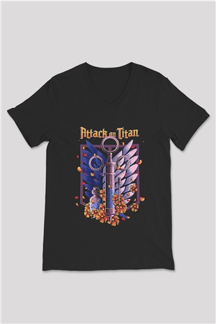 Attack On Titan Baskılı Unisex Siyah V Yaka Tişört - Tshirt