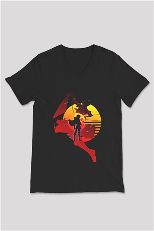 Attack On Titan Baskılı Unisex Siyah V Yaka Tişört - Tshirt