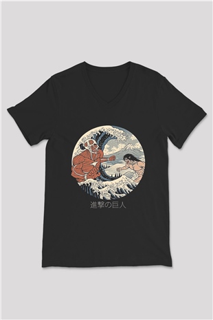 Attack On Titan Baskılı Unisex Siyah V Yaka Tişört - Tshirt
