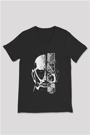 Attack On Titan Baskılı Unisex Siyah V Yaka Tişört - Tshirt