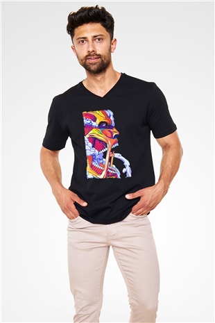 Attack On Titan Baskılı Unisex Siyah V Yaka Tişört - Tshirt