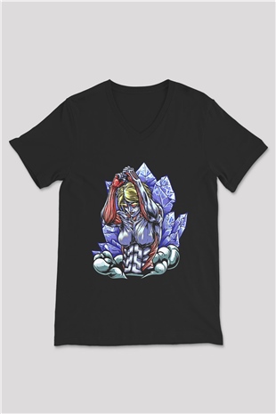 Attack On Titan Baskılı Unisex Siyah V Yaka Tişört - Tshirt