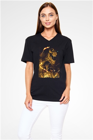 Attack On Titan Baskılı Unisex Siyah V Yaka Tişört - Tshirt