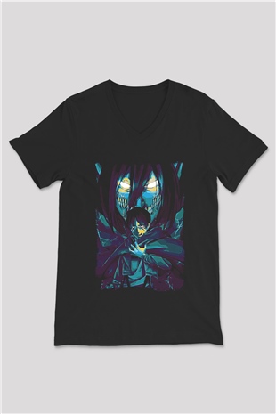 Attack On Titan Baskılı Unisex Siyah V Yaka Tişört - Tshirt