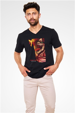 Attack On Titan Baskılı Unisex Siyah V Yaka Tişört - Tshirt
