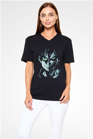 Attack On Titan Baskılı Unisex Siyah V Yaka Tişört - Tshirt