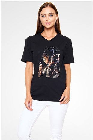 Attack On Titan Baskılı Unisex Siyah V Yaka Tişört - Tshirt