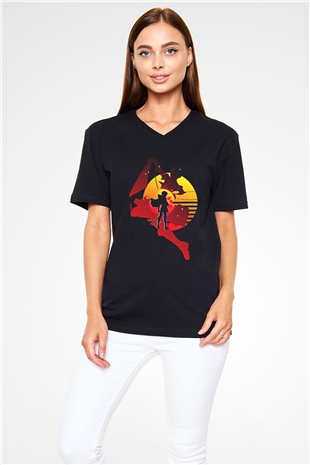 Attack On Titan Baskılı Unisex Siyah V Yaka Tişört - Tshirt