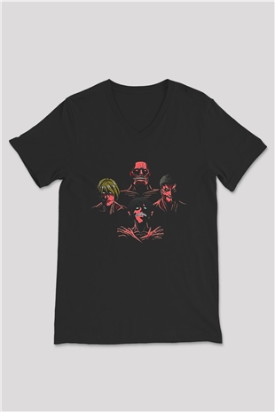 Attack On Titan Baskılı Unisex Siyah V Yaka Tişört - Tshirt