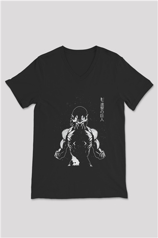 Attack On Titan Baskılı Unisex Siyah V Yaka Tişört - Tshirt