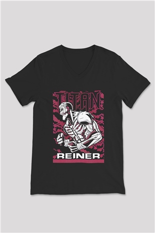 Attack On Titan Baskılı Unisex Siyah V Yaka Tişört - Tshirt