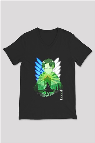 Attack On Titan Baskılı Unisex Siyah V Yaka Tişört - Tshirt