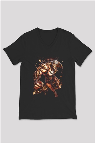 Attack On Titan Baskılı Unisex Siyah V Yaka Tişört - Tshirt