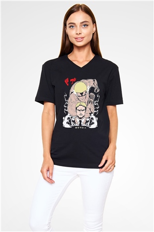 Attack On Titan Baskılı Unisex Siyah V Yaka Tişört - Tshirt