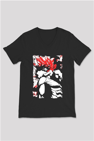 Attack On Titan Baskılı Unisex Siyah V Yaka Tişört - Tshirt
