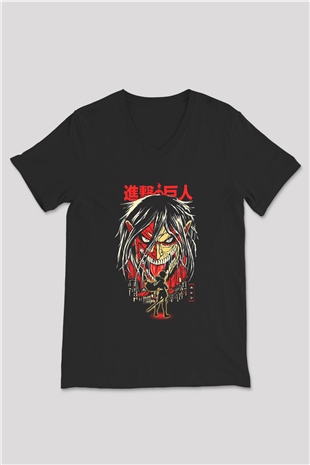 Attack On Titan Baskılı Unisex Siyah V Yaka Tişört - Tshirt