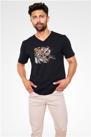 Attack On Titan Baskılı Unisex Siyah V Yaka Tişört - Tshirt