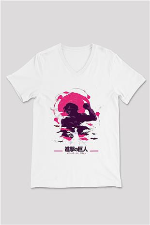 Attack On Titan Baskılı Unisex Siyah V Yaka Tişört - Tshirt