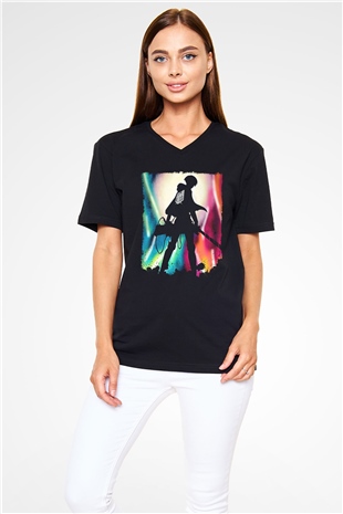 Attack On Titan Baskılı Unisex Siyah V Yaka Tişört - Tshirt
