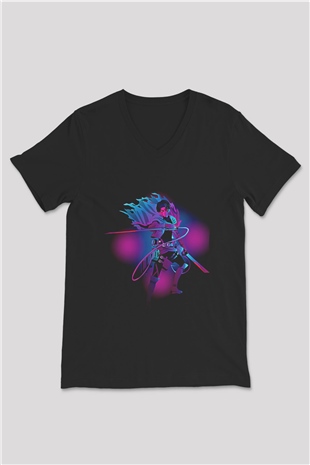 Attack On Titan Baskılı Unisex Siyah V Yaka Tişört - Tshirt