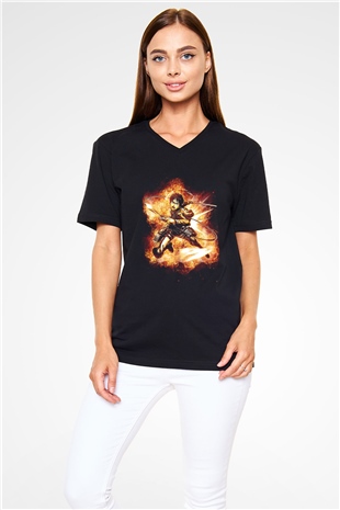Attack On Titan Baskılı Unisex Siyah V Yaka Tişört - Tshirt