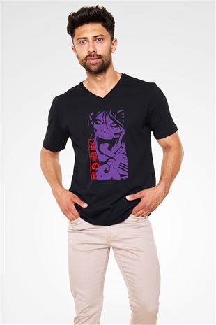 Attack On Titan Baskılı Unisex Siyah V Yaka Tişört - Tshirt