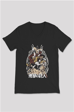 Attack On Titan Baskılı Unisex Siyah V Yaka Tişört - Tshirt